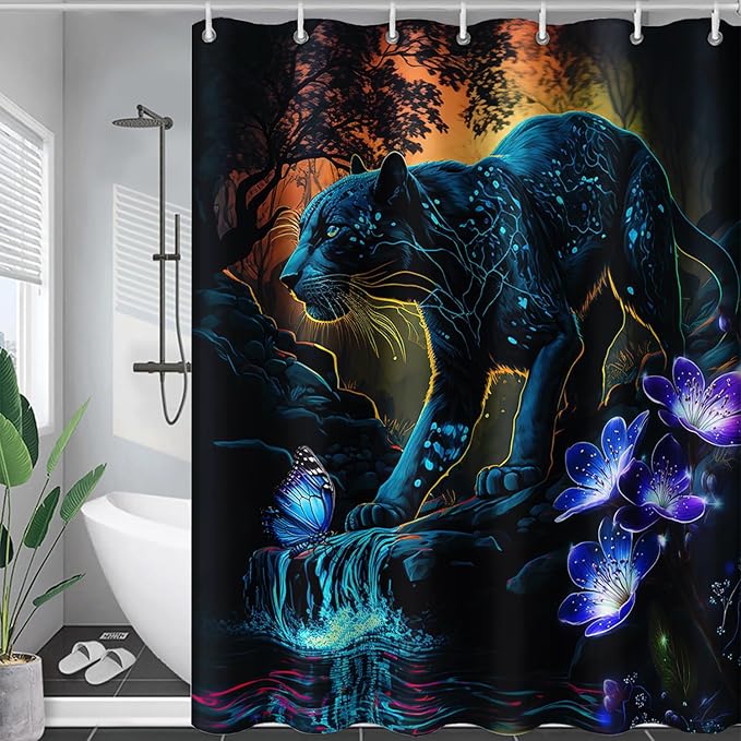 AILONEN Black Panther Shower Curtain,Glowing Panther Print Bath Curtain for Kids Boys Men,Wildlife Forest Cheetah Leopard Waterproof Shower Curtain for Bathroom, 72" W x 72" H