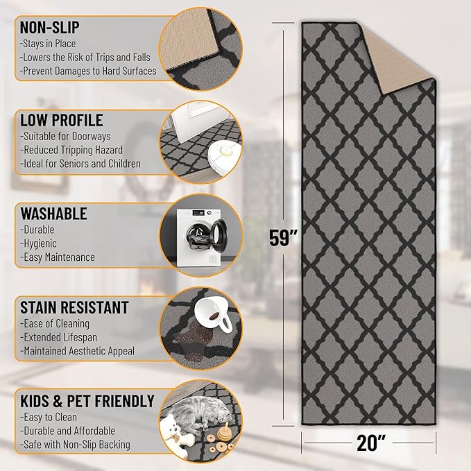 Machine Washable Moroccan Trellis Design Non-Slip Rubberback 2x5 Traditional Indoor Runner Rug for Hallway, Kitchen, Bedroom, Entryway, 20" x 59", Dark Gray