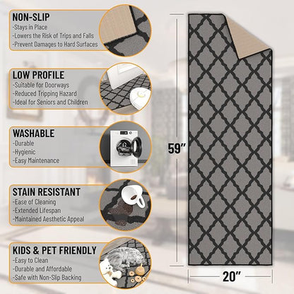 Machine Washable Moroccan Trellis Design Non-Slip Rubberback 2x5 Traditional Indoor Runner Rug for Hallway, Kitchen, Bedroom, Entryway, 20" x 59", Dark Gray