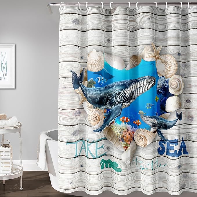AILONEN 3D Printed Whale Shower Curtain, Ocean Sea Animal Wooden Style Bathroom Curtain,Shell Coast Whale Bath Curtain,72" W*78" H Polyester Waterproof Bathroom Curtain with 12 Hooks