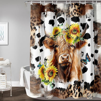 AILONEN Yak Shower Curtains for Kids Boys Girls,Highland Cattle Sunflower Cow Fur Print Bath Curtains for Bathroom Decor,Polyester Waterproof with 12 Plastic Hooks 72" W*72" H