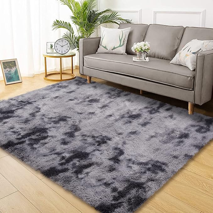 Soft Comfy Faux Fur Area Rug Super Fluffy Carpets for Bedroom Thick Fuzzy Shag Rug 6 x 9 ft for Living Room Nuresry Dorm Indoor Abstract Large Rugs for Modern Interior, Tie-Dyed Dark Grey