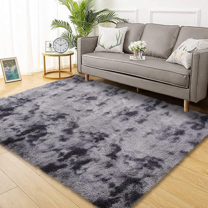 Soft Comfy Faux Fur Area Rug Super Fluffy Carpets for Bedroom Thick Fuzzy Shag Rug 6 x 9 ft for Living Room Nuresry Dorm Indoor Abstract Large Rugs for Modern Interior, Tie-Dyed Dark Grey