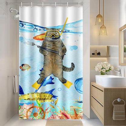 Aimego Stall Small Shower Curtain - Funny Cat Sea Ocean Animal Underwater Tropical Fish Coral Seahorse Fun Narrow Half Fabric Cloth Bath Shower Curtain Set for Bathroom Decor Accessories, 36"x72"