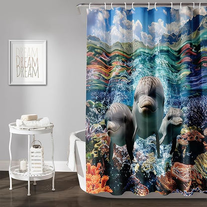 AILONEN Cute Dolphin Shower Curtain,Ocean Dolphin Bath Curtain,Tropic Sea Coral Beach Curtain,Boys Girls Kids Curtain for Bathroom Decor Waterproof, 36" W x 72" H