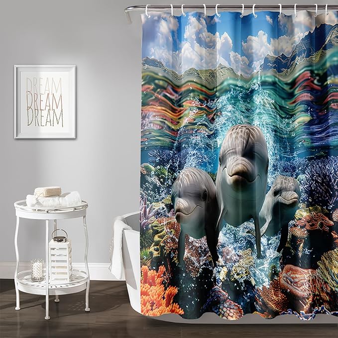 AILONEN Cute Dolphin Shower Curtain,Ocean Dolphin Bath Curtain,Tropic Sea Coral Beach Curtain,Boys Girls Kids Curtain for Bathroom Decor Waterproof, 72" W x 78" H