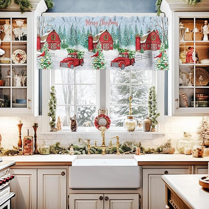 Red Truck Christmas Valance Curtains for Kitchen Windows Merry Christmas Farmhouse Rod Pocket Window Treatment Toppers for Kitchen/Living Room/Bedroom/Bathroom, 42" X 12", Winter Xmas Tree