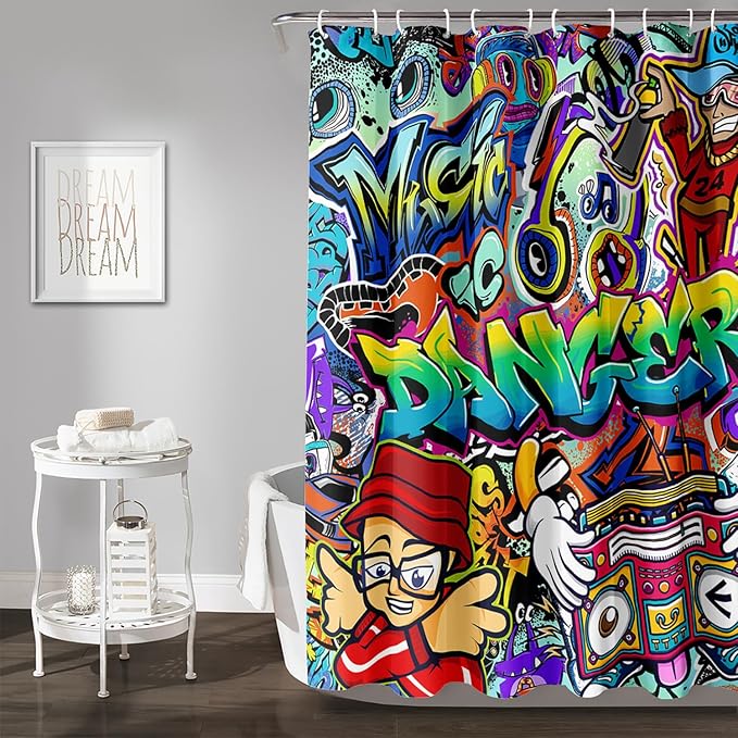AILONEN Hip Hop Graffiti Shower Curtain for Bathroom,Colorful Graffiti Music Dancer Bathroom Curtain for Kids Boys Girls,Bath Curtain 72" W*84" H Polyester Waterproof Bathroom Curtain with 12 Hooks