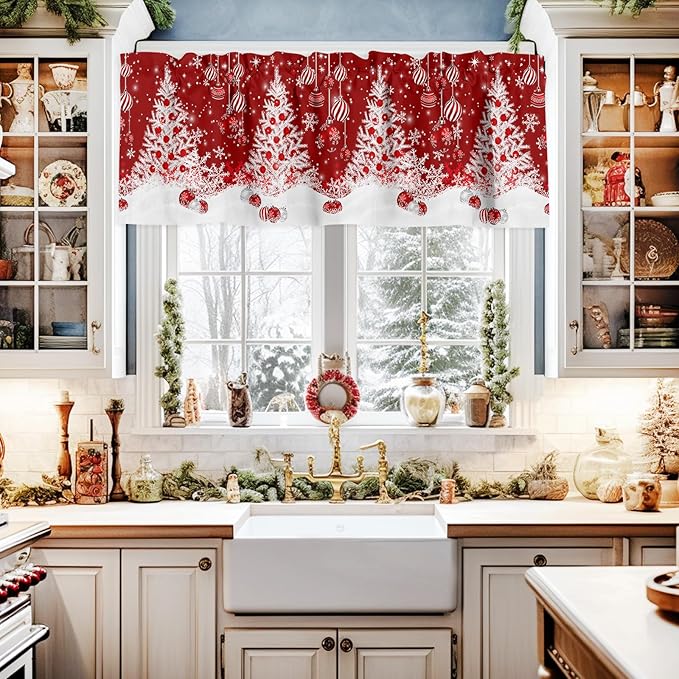 Red Christmas Valance Curtains for Kitchen Windows White Xmas Tree Snowflakes Red Balls Rod Pocket Window Treatment Toppers for Kitchen/Living Room/Bedroom/Bathroom, 42" X 18", Winter