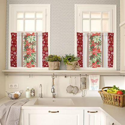 Watercolor Poinsettia Christmas Kitchen Curtains and Valances Set, Red Xmas Winter Holiday Windows Treatments Tiers Half/Short Curtains for Small Windows Cafe /Living Room/ Bedroom 54x36 in Gold White