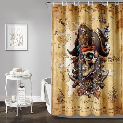AILONEN Pirate Skull Shower Curtain for Bathroom,Vintage Ocean Nautical Bath Curtain Decoration,Pirate Captain Old Map Print Waterproof Shower Curtain with 12 Plastic Hooks, 72" W*72" H