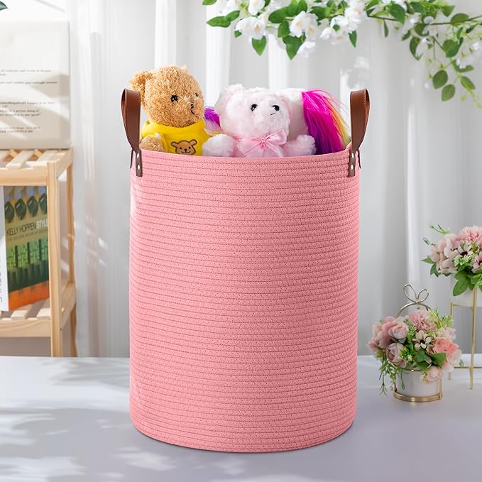 80L Large Rope Basket, Woven Rope Storage Basket with Leather Handles, Dog Toy Storage Basket, Bedroom, Nursery Blanket Storage, Bathroom Laundry Basket, 16“x20” Tall Rope Basket (Pink)