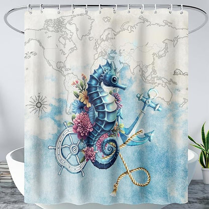 AILONEN Seahorse Shower Curtain for Bathroom,Nautical Coast Retro Map Ocean Bath Curtain 72" W*72" H,Blue Sea Animal Print Decorative Waterproof Curtain with 12 Plastic Hooks