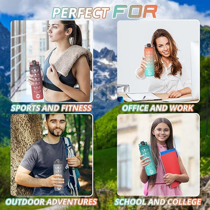 32 oz Water Bottle with Time Marker- Leak-Proof & BPA Free Reusable Gym Water Bottle - Easy to Carry Motivational Water Bottle for Fitness, Sports, Outdoor, Cycling, School (Day & Night)