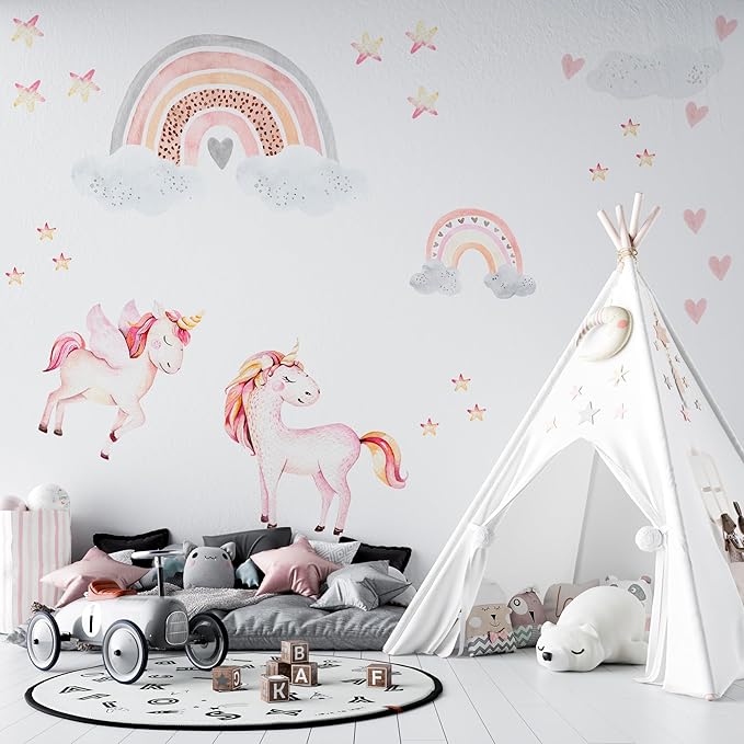 Large Rainbow Wall Decals by Lipastick - 132 pcs Rainbow Wall Stickers - Unicorn Wall Decals for Kids Bedroom Room Nursery – Kids Wall Stickers Cloud Stars Ponies - Waterproof Wall Art Décor L Size