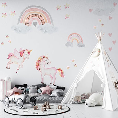 Large Rainbow Wall Decals by Lipastick - 132 pcs Rainbow Wall Stickers - Unicorn Wall Decals for Kids Bedroom Room Nursery – Kids Wall Stickers Cloud Stars Ponies - Waterproof Wall Art Décor L Size