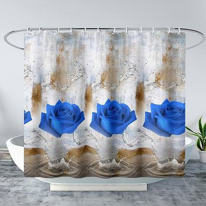 AILONEN Blue Rose Shower Curtain for Girls 3D Rose Water Droplet Retro Bathroom Decor,Modern Rose Flower Couple Lover Women Bath Curtain 36" W*72" H Polyester Waterproof Bathroom Curtain with Hooks