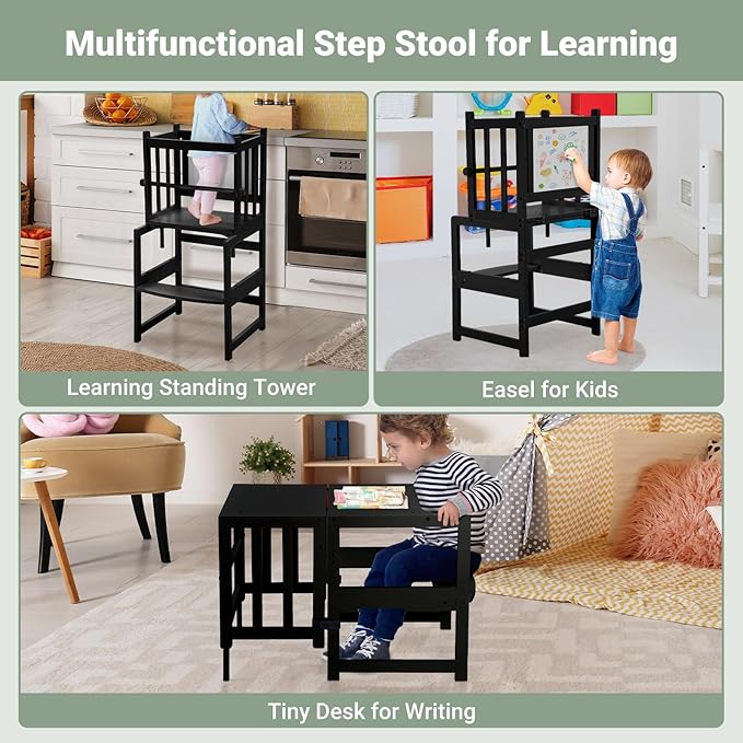 COSYLAND 3-in-1 Multifunctional Toddler Standing Tower, Kids Kitchen Step Stool with Whiteboard, Desk Table and Chair, Enjoys Unique Patented Design,FSC,CPC,SOR,CE, Black