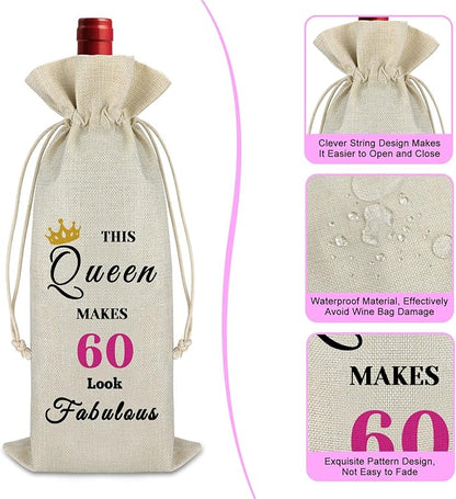 60th Birthday Gift 60 Year Old Birthday Gift for Women Drawstring Wine Bag Turning Sixty Year Old Birthday Gift 60th Milestone Christmas New Year Gift Reusable Wine Wrap Bag for Grandma Mom
