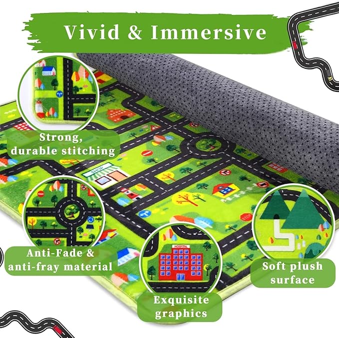 Kids Playroom Rug Car Rug Learning Carpet Educational City Roads Carpet for Playing with Cars Kids Playmat for Baby Kids Playroom Non Slip Play Mat Toddler Playmat Rug, 3x5 ft, Black Streets