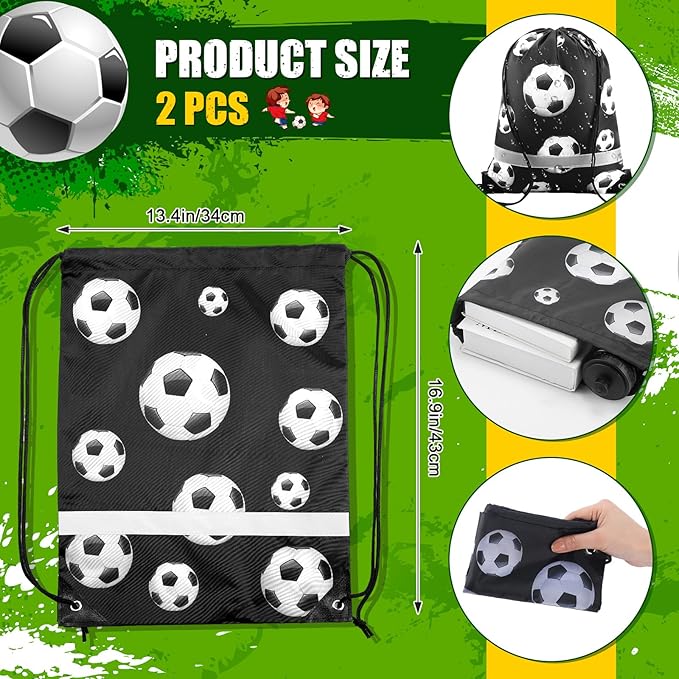 4 Pcs Soccer Party Favors, Soccer Drawstring Bags Goodie Treat Bags and 24 oz Squeeze Water Bottles