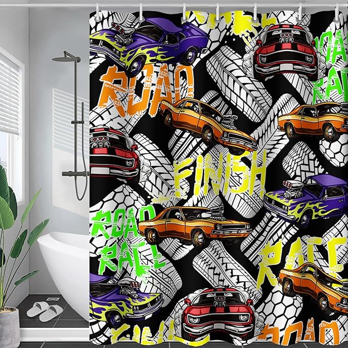 AILONEN Racing Car Shower Curtain for Bathroom Decor,Cool Racer Bath Curtain for Kids Boys Teens,Graffiti Printed Curtain Waterproof with 12 Plastic Hooks, 72" W x 84" H