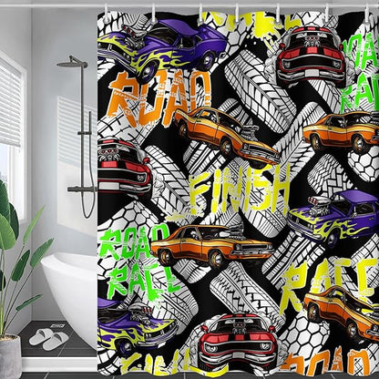 AILONEN Racing Car Shower Curtain for Bathroom Decor,Cool Racer Bath Curtain for Kids Boys Teens,Graffiti Printed Curtain Waterproof with 12 Plastic Hooks, 72" W x 96" H