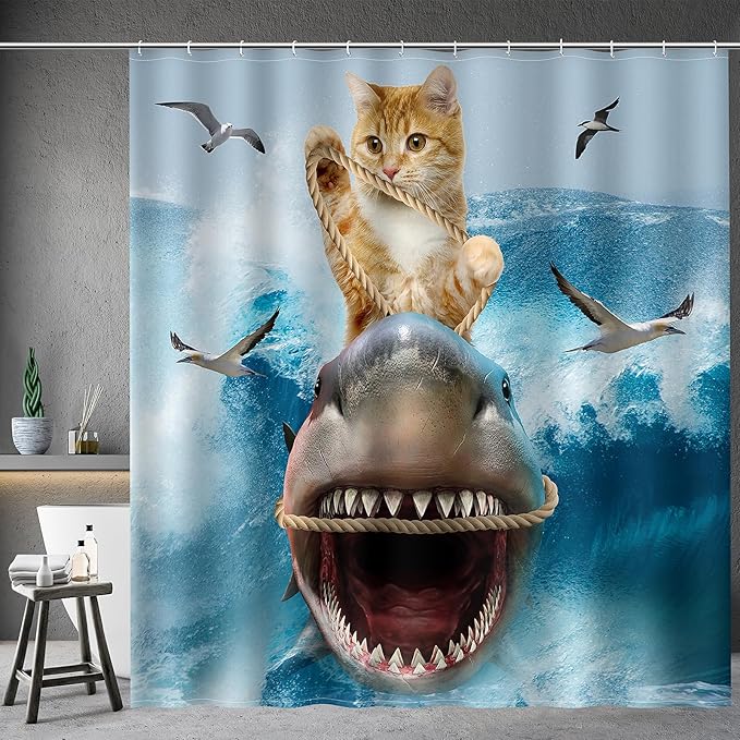 Aimego Funny Cat Shower Curtains - Cute Cool Cat Riding Shark Ocean Wave Fun Bath Shower Curtain Set with 12 Hooks for Adults Kids Bathroom Decor Accessories, 72"x72"