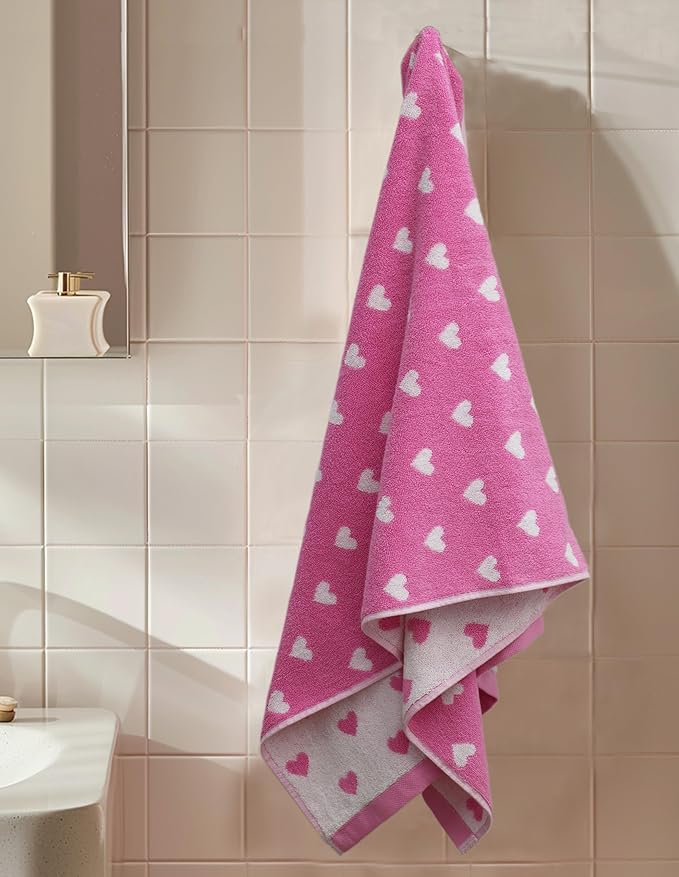 6 Piece Towel Set - Bath Time Hearts - 2 Bath Towels, 2 Hand Towels, 2 Washcloths in Bonus Tote Bag - 100% Cotton Jacquard Colorful Soft Absorbent Pool Beach Kids Towel Gift - Pink White