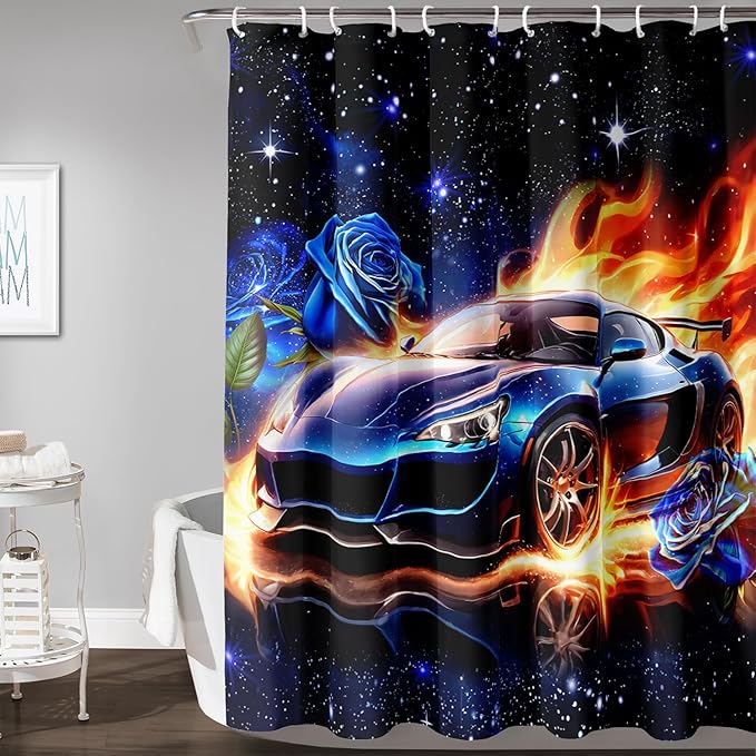 AILONEN Racing Car Shower Curtain for Bathroom, Blue Galaxy Starry Sports Cat Bath Curtain,Speed Car Shower Curtain for Kids Teen,Waterproof Curtain Bathroom 72" W*72" H Decor with 12 Plastic Hooks