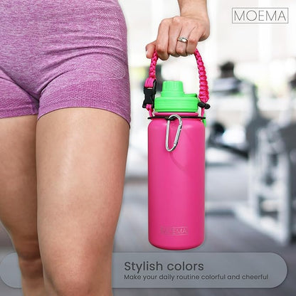 32oz Insulated Water Bottle with Paracord Handle and Straw, Stainless Steel Cup with 2 Lids & Straw, BPA-Free, Thermo Bottle Double Wall Vacuum Insulation, for Gym, Sports (Glamour Pink)