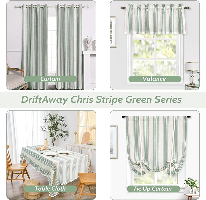 DriftAway Chris Linen Lined Valance Double Layer Thermal Insulated Room Darkening Blackout Valances 3 Inch Rod Pocket Vertical Striped Kitchen Valance for Bathroom 52 Inch by 18 Inch Green