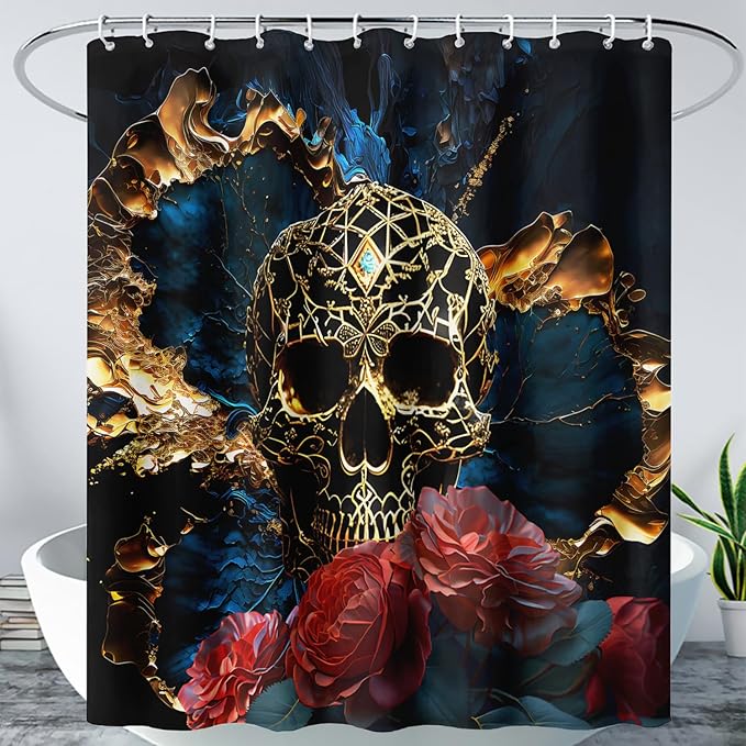 AILONEN 3D Skull Shower Curtain,Oil Ren Rose with Gold Skull Skeleton Design Shower Curtain Set with Hooks for Boys Girls Teens,Gothic Skull Waterproof Fabric Shower Curtain for Bathroom,72" W*72" H