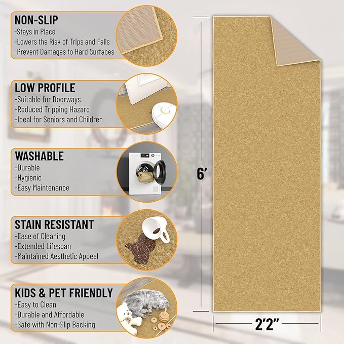 Machine Washable Modern Solid Design Non-Slip Rubberback 2x6 Traditional Runner Rug for Hallway, Kitchen, Bedroom, Living Room, 2'2" x 6', Beige