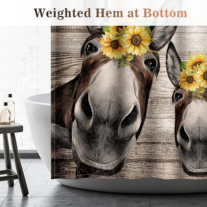 Aimego Stall Small Shower Curtain - Farmhouse Get Naked Donkey Sunflower Wooden Rustic Country Narrow Half Fabric Cloth Shower Curtain Set for Bathroom Decor Accessories Bath Curtain, 36"x72"