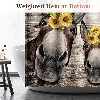 Aimego Long Farmhouse Shower Curtain - Country Get Naked Donkey Sunflower Rustic Wooden Fabric Cloth Bath Shower Curtain Set with 12 Hooks Bathroom Decor Accessories Bathtub Curtain, 72"x78"