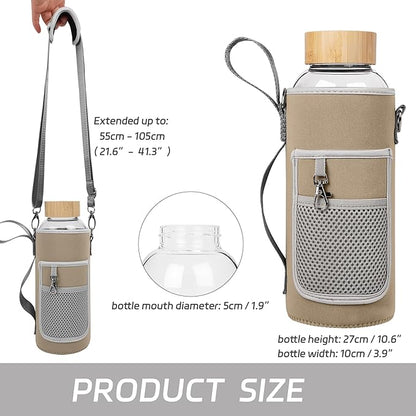 48 oz Sports Borosilicate Glass Water Bottle with Bamboo Lid with Neoprene Sleeve