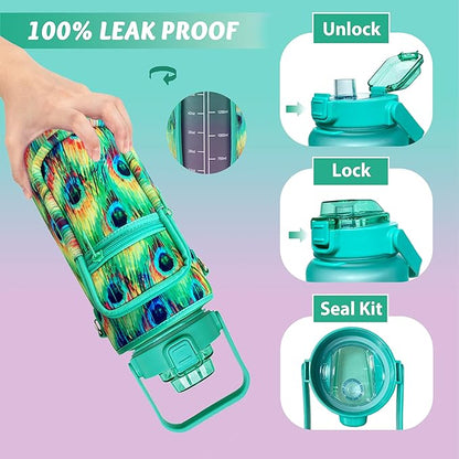 64 oz Water Bottle with Straw Sleeve & Strap Motivational Half Gallon Water Jug with Handle for Gym Women Men Aesthetic Water Bottle with Strap Peacock Feather