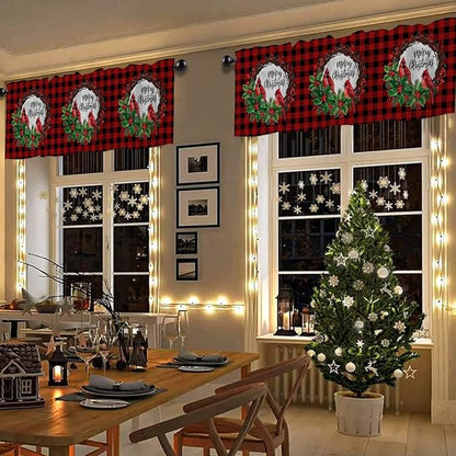 Merry Christmas Valance Kitchen Curtains for Windows, Winter Cardinal Holly Berries Rod Pocket Valances Window Treatments Red Black Plaid Short Curtains For Bedroom/ Living Room, 54" X 18" -1 Panel
