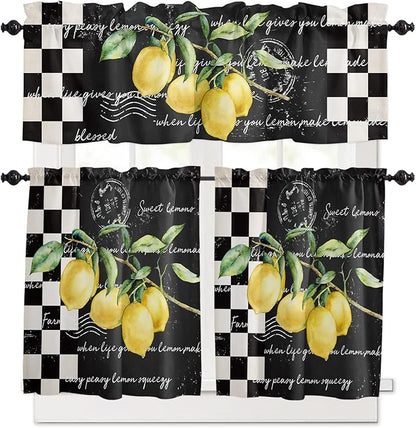 Kitchen Curtains and Valances Set,Summer Tropical Lemon Window Treatments Tiers Buffalo Plaid Black White Semi Sheer Half/Short Curtains for Small Windows Cafe /Living Room/ Bedroom 54x36 in, 3-Piece