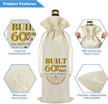 60th Birthday Gifts for Women Men Wine Bag Best Friend Friendship Gift 60 Year Old Birthday Gifts for Grandma Grandpa Husband Wife 60th Anniversary Wedding Gift Party Decoration Wine Bottle Bag Cover