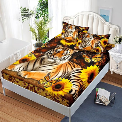 AILONEN Tiger Fitted Sheet Set Full Size, Vintage Retro Boho Bed Sheet Set Sunflower Butterfly Sheet Set,3 Pieces Printed Teen Boys Tiger Fitted Sheet with 2 Pillowcases