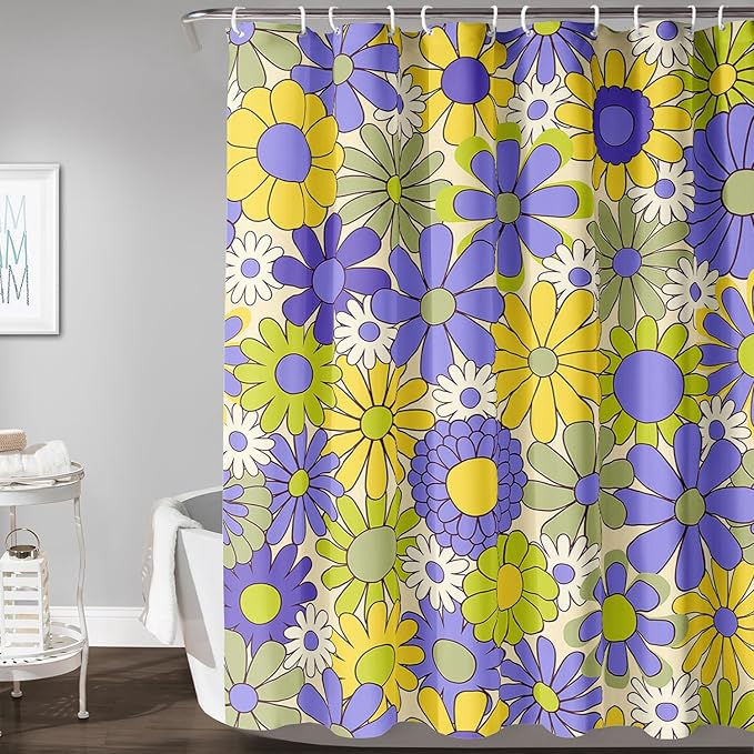 AILONEN Flower Shower Curtain for Bathroom,Polyester Fabric Waterproof,Purple Yellow Plants Flowers Bath Curtains Washable, 72" W x 84" H