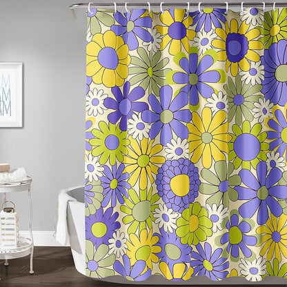 AILONEN Flower Shower Curtain for Bathroom,Polyester Fabric Waterproof,Purple Yellow Plants Flowers Bath Curtains Washable, 60" W x 72" H