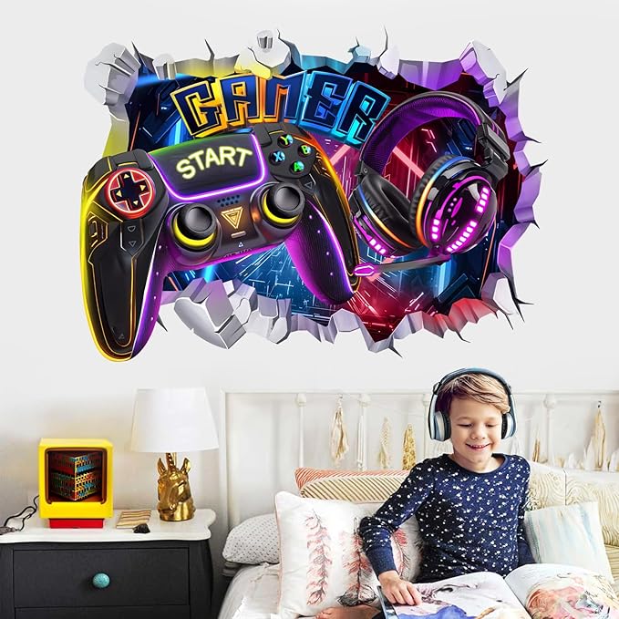 decalmile Large 3D Game Wall Decals Gamer Controller Video Gaming Joystick Wall Stickers Teenagers Boy Bedroom Playroom Wall Decor