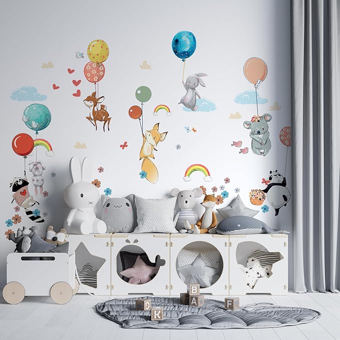 Hot Air Balloon Wall Decals for Kids by Lipastick – 87 pcs Cartoon Animals Wall Decals for Girls Boys Kids Baby - Animal Wall Stickers for Nursery Room Bedroom - Raccoon Fox Koala Panda M Size