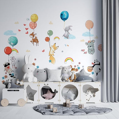 Hot Air Balloon Wall Decals for Kids by Lipastick – 87 pcs Cartoon Animals Wall Decals for Girls Boys Kids Baby - Animal Wall Stickers for Nursery Room Bedroom - Raccoon Fox Koala Panda M Size