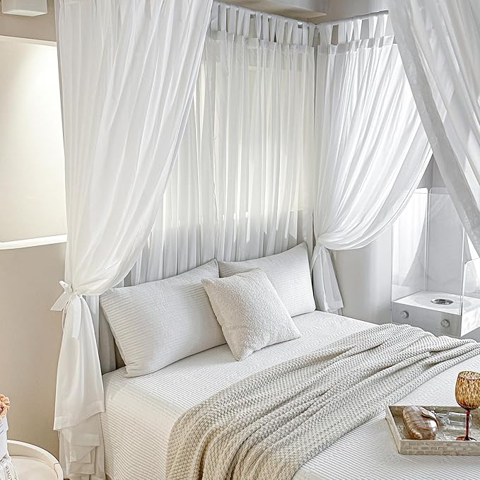 AIKASY Canopy Bed Board with Top and Self-Adhesive Velcro Strips, White Gauze Princess Bed Canopy Curtain Tent, Creating a Romantic Atmosphere in The Room（King/California King，White）