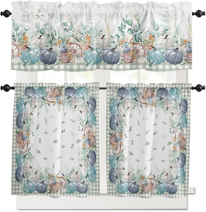 Fall Thanksgiving Kitchen Curtains and Valances Set, Blue Pumpkins Green Eucalyptus Leaves Small Windows Treatments Tiers Half/Short Curtains for Cafe /Living Room/ Bedroom 54x36 in,Farmhouse Plaid