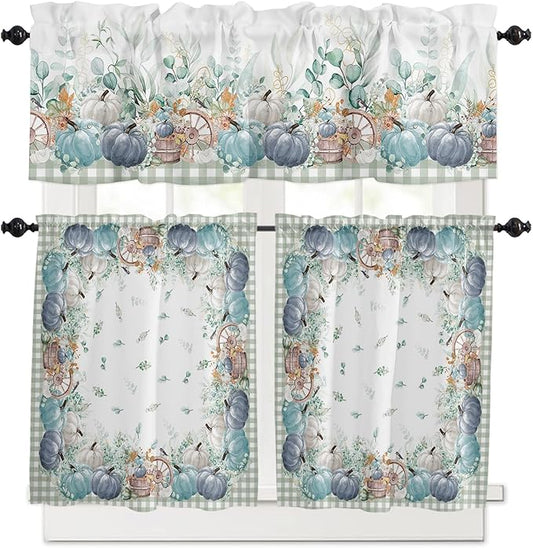 Fall Thanksgiving Kitchen Curtains and Valances Set, Blue Pumpkins Green Eucalyptus Leaves Small Windows Treatments Tiers Half/Short Curtains forCafe /Living Room/ Bedroom 54x24 in,Farmhouse Plaid